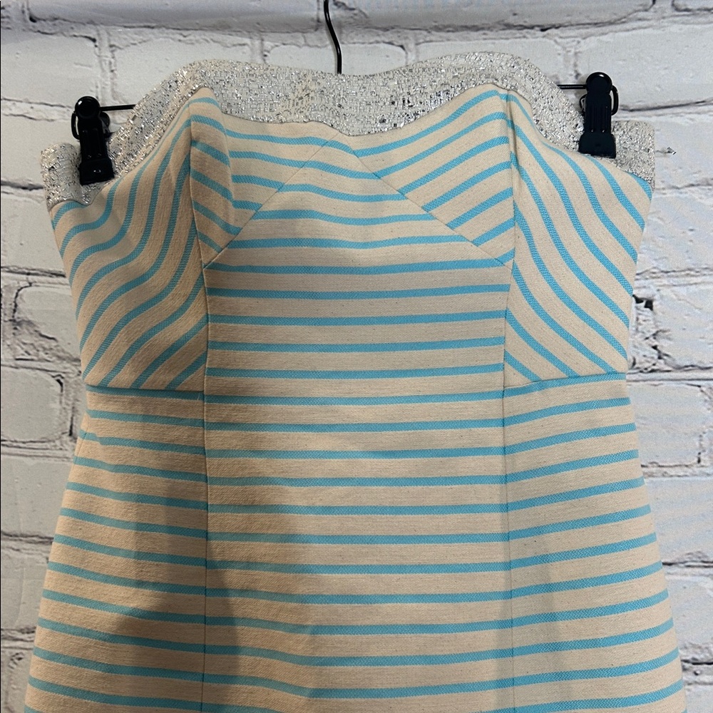 Lilly Pulitzer Blue & Ivory Striped Metallic Silver Trim Strapless Dress Size 0 - Picture 3 of 9